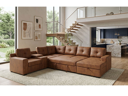 U - Shape Sectional Pull Out Bed With Console, Storage, And USB Charging