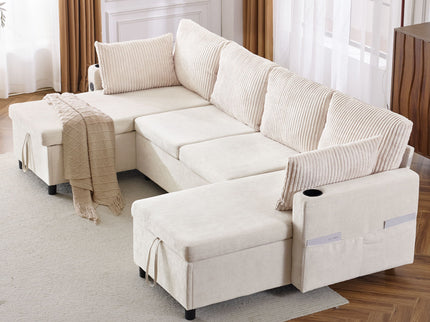 Sectional Sofa Bed With Pull Out Sleeper, USB Ports, Cup Holders