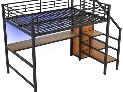 Loft Bed With Desk, Storage Staircase, Small Wardrobe And LED Light
