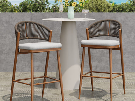 Outdoor Bar Height Metal Frame Counter Stools With Scallop Shaped Backrest & Water Resistant Cushions