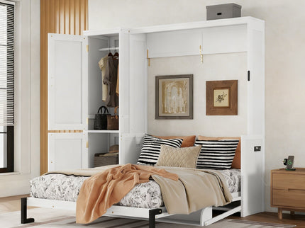 Queen Size Murphy Bed With Wardrobe, Space-Saving Hidden Wall Bed With Desk And Charging Station - White
