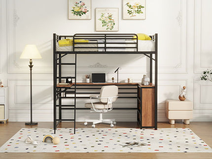 Loft Bed & 3 Layers Of Shelves And L-Shaped Desk