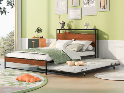 Platform Bed Frame With Trundle, USB Ports And Slat Support, No Box Spring Needed