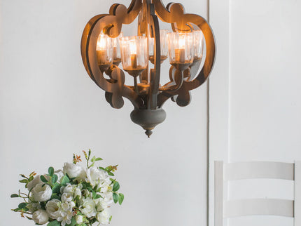 Farmhouse Chandelier, 6 Light Wood Chandelier Pendant Light Fixture With Adjustable Chain For Dining Room Living Room Entryway, Bulb Not Included