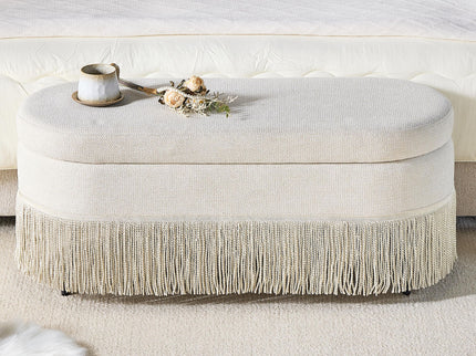 Oval Upholstered Storage Ottoman With Fringe Trim & Lift Top Lid
