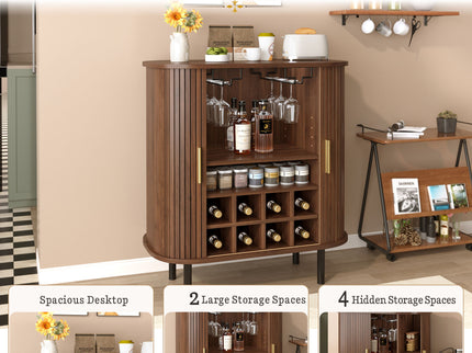 Fluted Wine Bar Cabinet With 8 Grid Wine Rack, 5 Level Adjustable Shelves, 2 Glass Holders