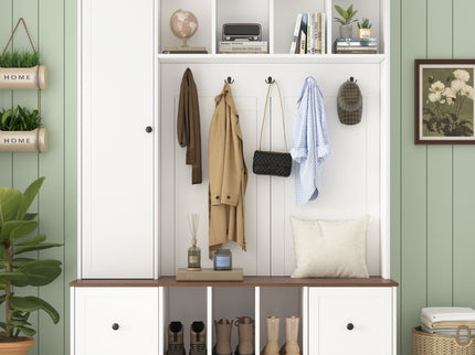 Hall Tree With Shoe Storage Bench, Entryway Coat Rack With 5 Hooks