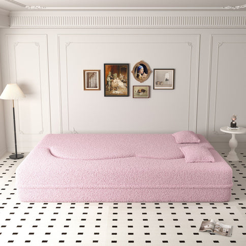 Modern Floor Sofa, With 2 Pillows, Convertible Teddy Fabric Foam Filled Bed