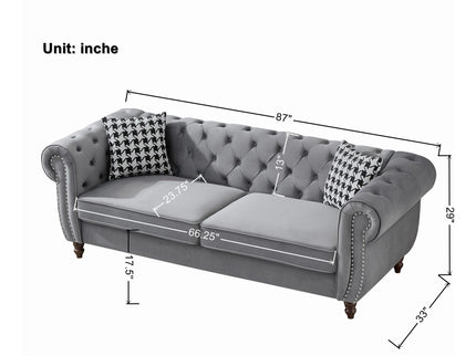 Chesterfield Upholstery Fabric Sofa With Roll Armrest & Nailhead, Mid Century Modern 3 And 3 Seater Couch