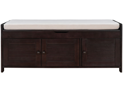 Storage Bench With 3 Shutter-Shaped Doors, Shoe Bench With Removable Cushion And Hidden Storage Space