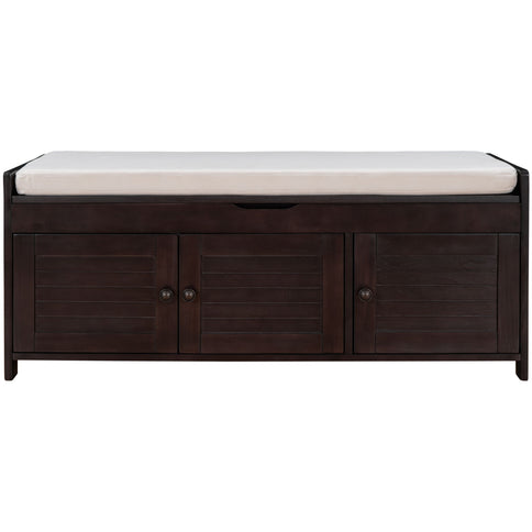 Storage Bench With 3 Shutter-Shaped Doors, Shoe Bench With Removable Cushion And Hidden Storage Space
