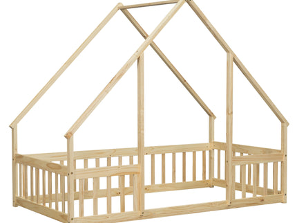 Wood House-Shaped Floor Bed With Fence, Guardrails