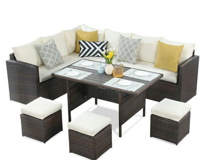 7 Piece Outdoor Dining Set With Cushions, Modular Sectional Sofa And Table