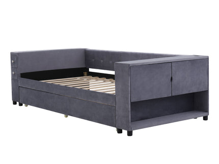 Upholstered Bed With Storage And Twin Trundle, USB Charging Ports
