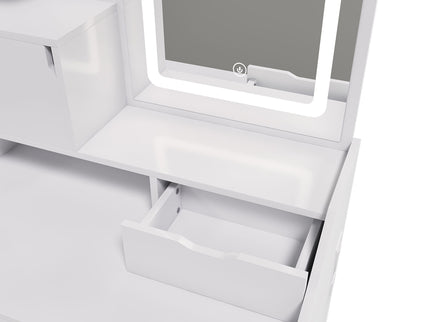 3 Color LED Vanity Mirror With Stool, Dressing Table For Bedroom, 2 Drawers & 5 Storage Cabinets (4 Open + 1 Hidden), Adjustable Lighting - White