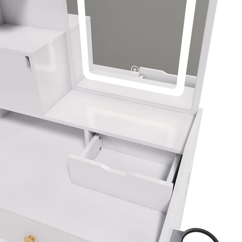 3 Color LED Vanity Mirror With Stool, Dressing Table For Bedroom, 2 Drawers & 5 Storage Cabinets (4 Open + 1 Hidden), Adjustable Lighting - White