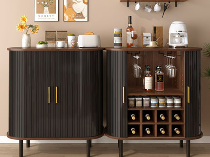 Fluted Wine Bar Cabinet With 8 Grid Wine Rack, 5 Level Adjustable Shelves, 2 Glass Holders