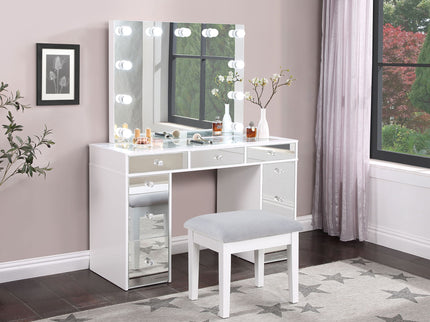 Winona - Makeup Vanity Set With Bulb Lit Mirror And Upholstered Stool - White
