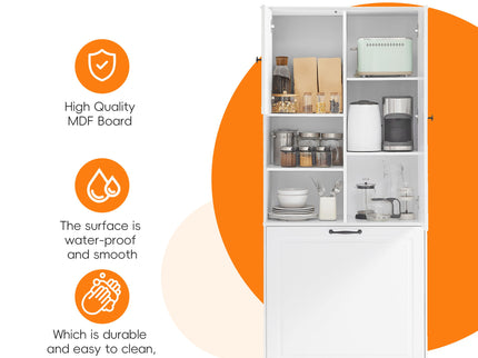 Modern Tall Storage Cabinet With Adjustable Shelves, Flip-Out Basket & Enclosed Doors