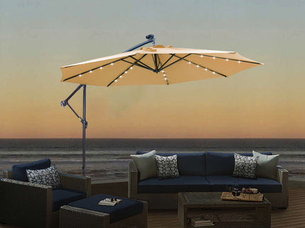 Outdoor Cantilever Patio Umbrella With 32 LED Lights 10 Ft Hanging Design Easy Open Adjustment Metal Frame - Taupe