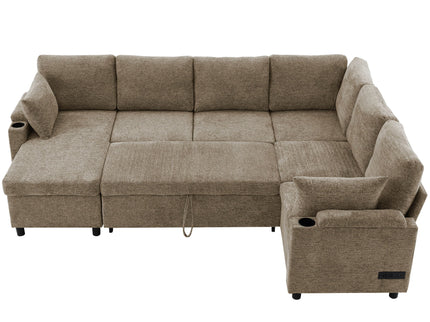 U-Shaped Sectional Sofa Bed With Storage, Charging Ports, And Cup Holders - Brown