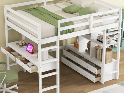 Full Size Loft Bed With Built In Desk, 2 Drawers, Storage Shelves - White