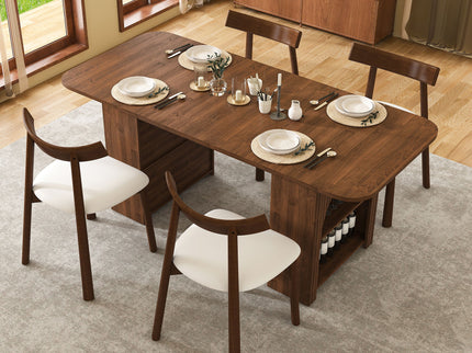 Dining Set With 4 Chairs, Table With Drawers & Open Shelf - Walnut
