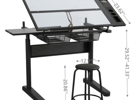 Hand Crank Adjustable Drafting Table Drawing Desk With 2 Metal Drawers With Stool