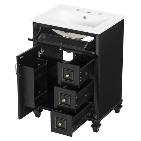 Freestanding Bathroom Vanity With Sink, 3 Drawers & Flip-Out Drawer