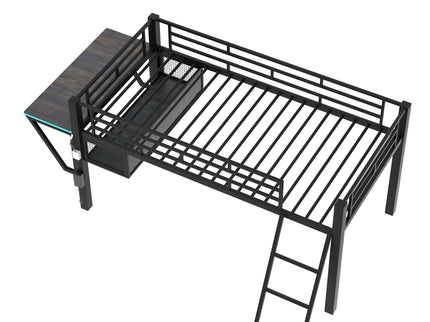 Modern Gaming Mid Loft Bed With Desk And LED Lights