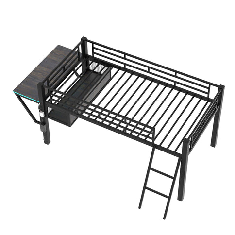Modern Gaming Mid Loft Bed With Desk And LED Lights