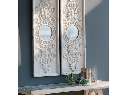 Large Wooden Wall Art Panels With Distressed Round Mirror Accents (Set of 2) - White
