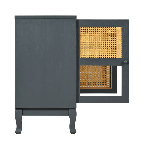 Retro Industrial 4 Door Sideboard With Large Storage, Rattan And Glass Doors