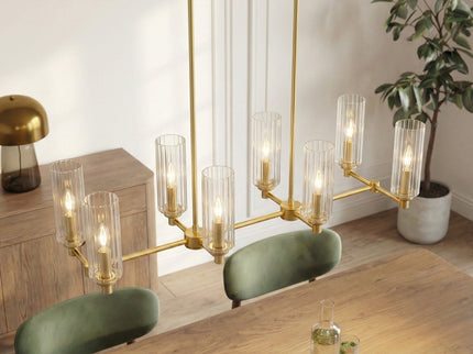 Willow - 8 Lights Island With Clear Ribbed Pendant Lamp Satin - Antique Brass / Clear / Gold