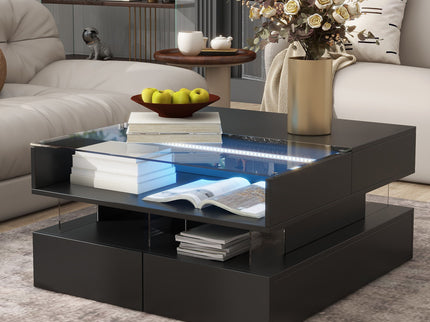 Lift Top Coffee Table With 2 Drawers, Hidden Space And LED Lights For Living Room