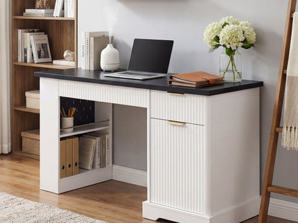 Modern Fluted Office Desk With Storage Cabinet