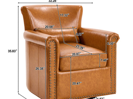 Swivel Accent Chair With Rolled Arm, Sewn Pillow Back, Nailhead Trim For Living Room