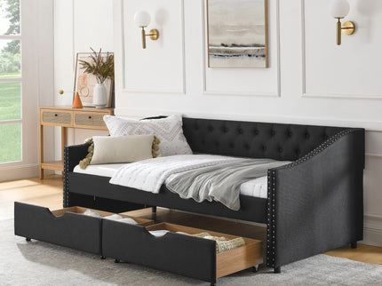 Upholstered Tufted Daybed With 2 Drawers, Waved Arms