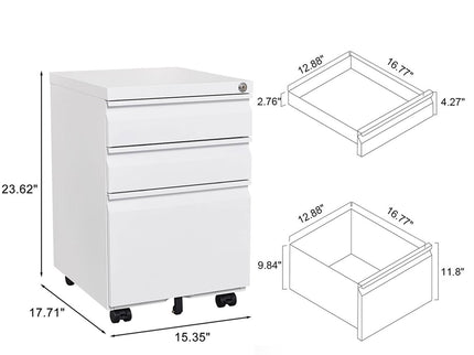 Contemporary 3 Drawer Mobile Filing Cabinet With Lock, Metal Office Storage For Legal / Letter Size