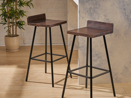 Outdoor Bar Stool With Low Backrests And Wood Seats (Set of 2) - Dark Brown / Black