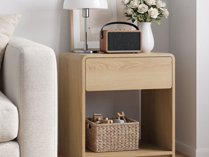 Bedside Table Set With Storage Drawers And Open Shelves, Compact With Rounded Corners (Set of 2) - Oak