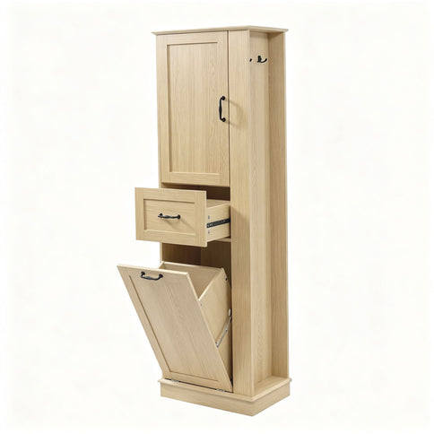 Tall Storage Cabinet With Tilt Out Compartment, Adjustable Shelves, Soft Close Hinges - Natural