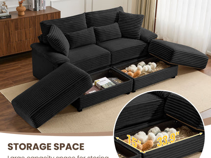 Double Chaise Lounge Set With Reversible Storage Ottomans, USB Port