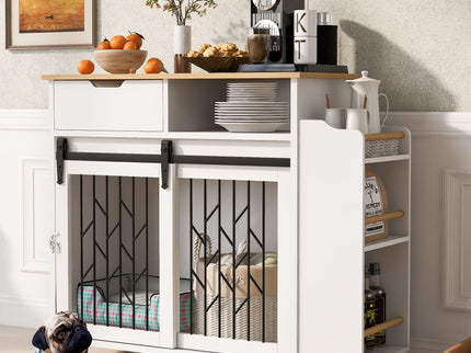 Modern Style 2 In 1 Pet Friendly Dog Crate Kitchen Island End Table Metal Pine - Natural / White