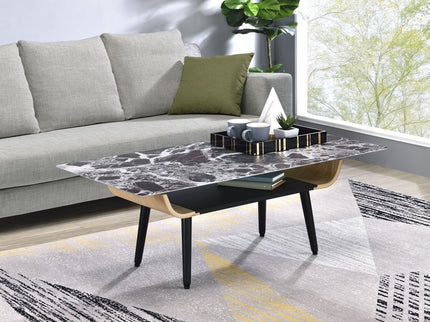 Landon - Coffee Table With Glass Marble Texture Top And Bent Wood Design