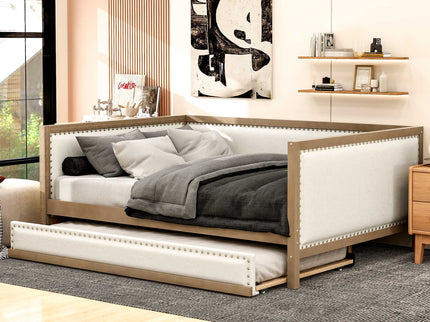 Full Size Daybed With Trundle And Nailhead Decoration - Wood