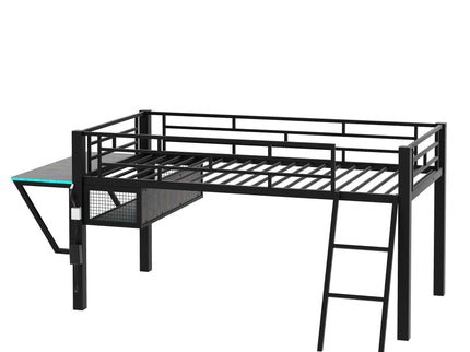 Modern Gaming Mid Loft Bed With Desk And LED Lights