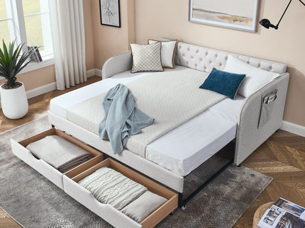 Daybed With Trundle And Storage Drawers, Flat Arms With Pocket