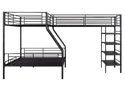 L-Shaped Twin Over Full Bunk Bed And Twin Loft Bed With 4 Built In Shelves - Black
