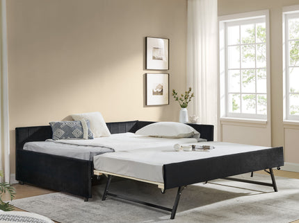 Full Size Upholstered Daybed With Trundle, Tufted Backrest And Armrests - Black
